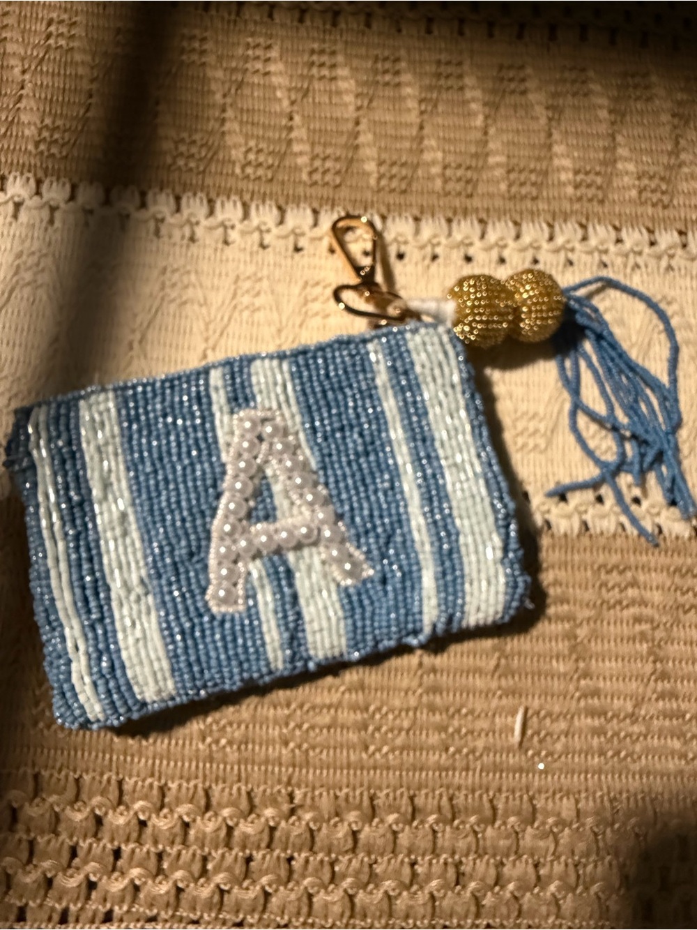 Beaded Initial 'A' Stripe Pouch in Blue and White
